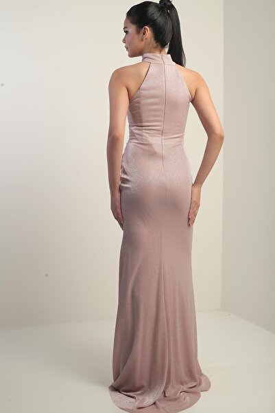 By Saygı Kadın Boyunlu Önü Büzgülü Simli Astarlı Elbise