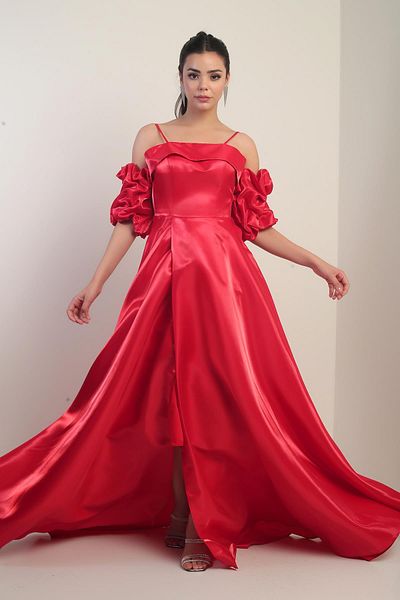 By Saygı Women's Thin Strap Lined Fake Sleeves Long Satin Dress with Pockets