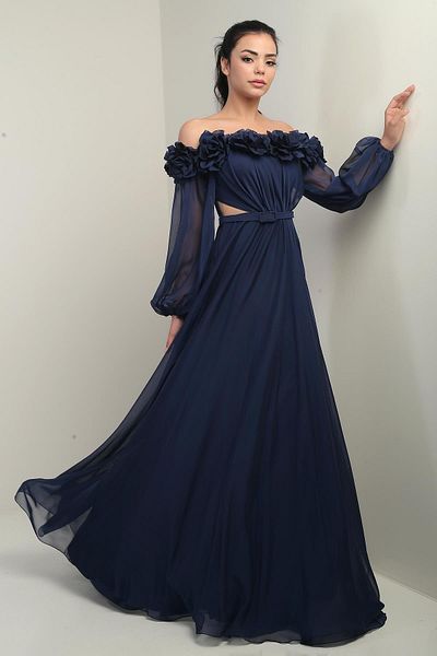 By Saygı Women's Floral Madonna Collar Belted Lined Chiffon Long Dress