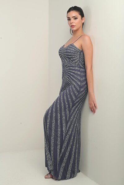 By Saygı Women's Rope Strap Flock Stone Printed Lined Tulle Long Dress