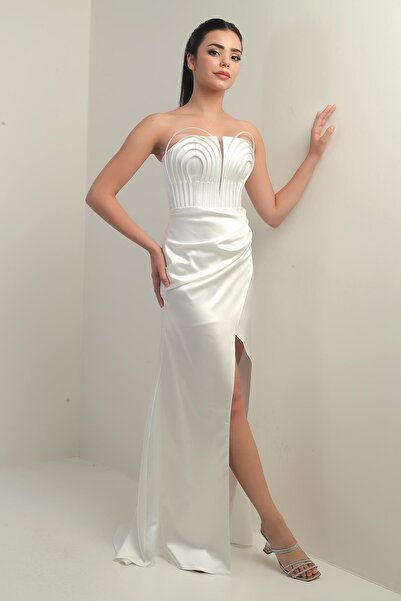 By Saygı Women's Strapless Front Underwire Lined Satin Long Dress