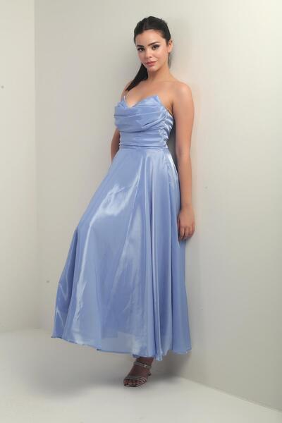 By Saygı Γυναικείο Degaje Στράπλες Γιακά Φόδρα Οργάντζα Σατέν Μίντι Φόρεμα