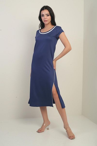 By Saygı Women's Madonna Collar Piping Detailed Slit Crystal Long Dress