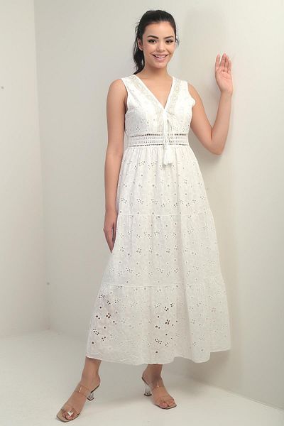By Saygı Women's Front Back V Neck Beading Embroidered Lined Midi Dress