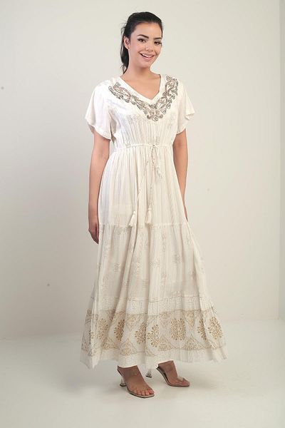 By Saygı Women's V Neck Beading Embroidered Lined Pocketed Flush Jacquard Long Dress