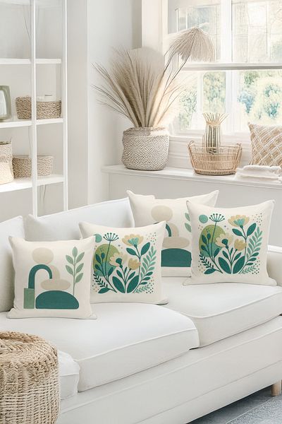 Bertille Home Double Side Digital Printed Set of 4 Throw Pillow Covers (Punch/Punch Embroidery Pattern Look)