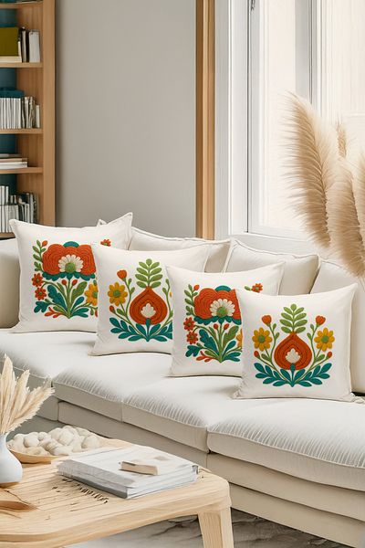 Bertille Home Set de 4 huse de pernă cu imprimare digitală dublă (aspect de broderie cu model de puncție)