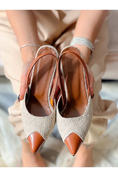 BERFONA Alba Beige Tuvit Kumas Taba Leather Detailed 5 cm Heel Sandals