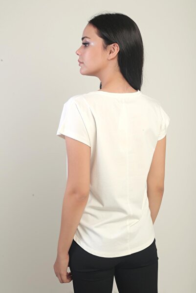 By Saygı Women's Round Neck Short Sleeve Lycra Blouse with Pocket Detail