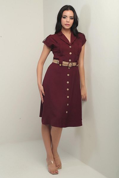 By Saygı Rochie de damă cu guler fără umăr, cu buzunare duble, cu centură, cu efect de in