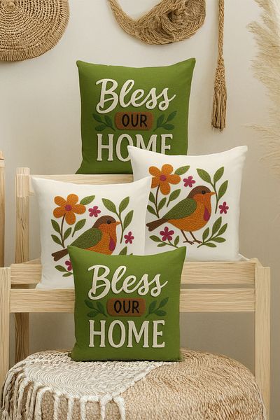 Bertille Home Set de 4 huse de pernă cu imprimare digitală dublă (aspect de broderie cu model de puncție)