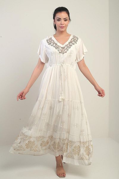 By Saygı Women's V Neck Beading Embroidered Lined Pocketed Flush Jacquard Long Dress
