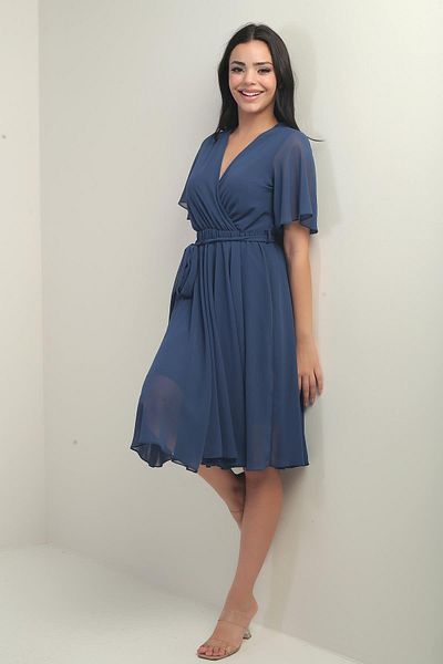 By Saygı Women's Double Breasted Neckline Flounce Sleeves Lined Chiffon Dress