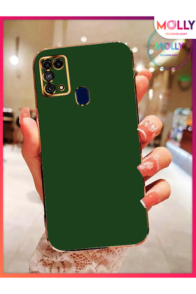 Molly Samsung Galaxy M31 İçin Koyu Yeşil Kenarları Gold Detaylı Lüks Silikon ...