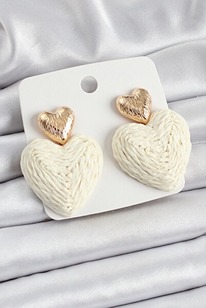 Belle Fusion Bfs cream heart shaped wicker weave model gold color women's ear...