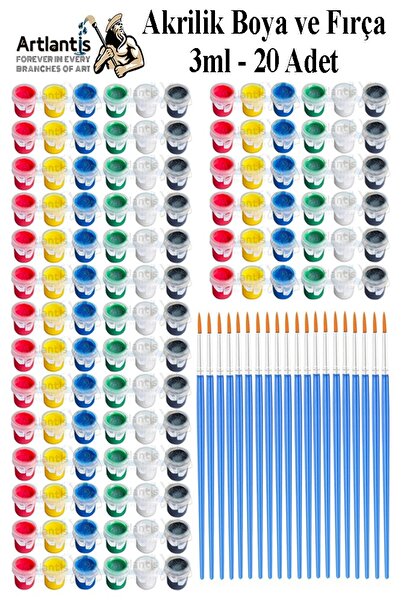 Artlantis Akrilik Boya 3 ml 6 Renk Resim Fırçası 20 Paket Mini Küçük Akrilik ...