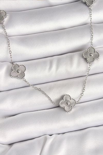 NETWORK ART Bfs 316L Steel Silver Color Chain Embroidered Clover Model Women's Necklace