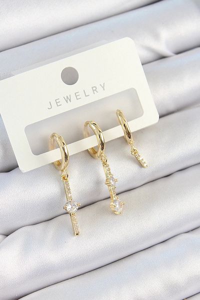 Mey İthalat Bfs brass zircon stone dangle model gold color 3-piece double women's earring set