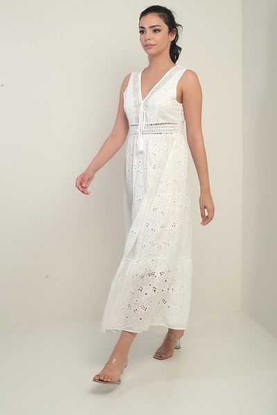 By Saygı Women's Front Back V Neck Beading Embroidered Lined Midi Dress