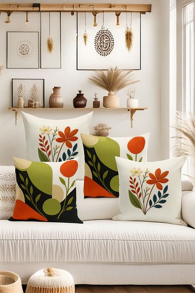 Bertille Home Double Side Digital Printed Set of 4 Throw Pillow Covers (Punch/Punch Embroidery Pattern Look)