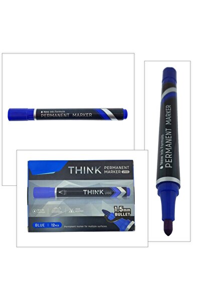 OEM Set of 12 blue permanent markers, THINK U100, with 1.5MM round tip, writes on any surface
