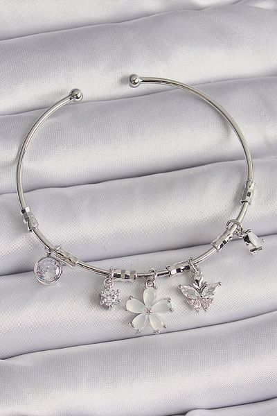 NETWORK ART Bfs Brass Silver Color White Pearlescent Flower Figure Zircon Stone Butterfly Detail Charm Bracelet