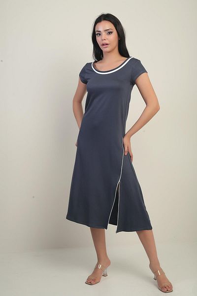 By Saygı Women's Madonna Collar Piping Detailed Slit Crystal Long Dress
