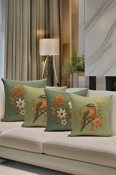 Bertille Home Double Side Digital Printed Set of 4 Throw Pillow Covers (Punch/Punch Embroidery Pattern Look)