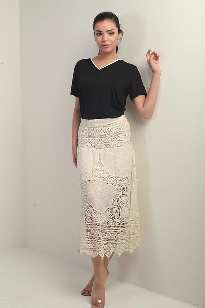 By Saygı Fusta midi din dantelă pentru femei, cu talie elastică