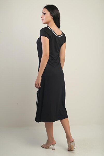 By Saygı Women's Madonna Collar Piping Detailed Slit Crystal Long Dress