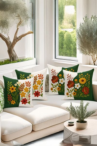 Bertille Home Set de 4 huse de pernă cu imprimare digitală dublă (aspect de broderie cu model de puncție)