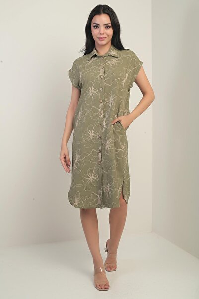 By Saygı Women's Short Sleeve Shirt Dress with Side Slits and Pocket with Lanyard