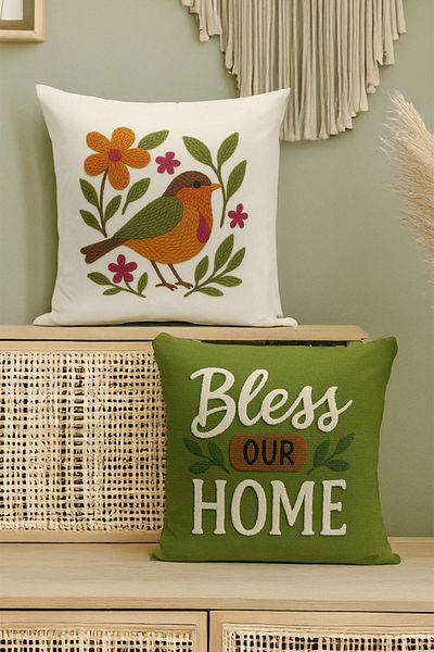 Bertille Home Set de 4 huse de pernă cu imprimare digitală dublă (aspect de broderie cu model de puncție)