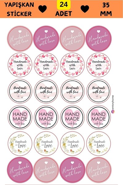 Emtory Home 24 Adet - Renkli Handmade Love Sticker - Renkli Sticker - Paketle...