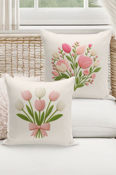 Bertille Home Double Side Digital Printed Set of 4 Throw Pillow Covers (Punch/Punch Embroidery Pattern Look)