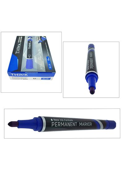 OEM Set of 12 blue permanent markers, THINK U100, with 1.5MM round tip, writes on any surface