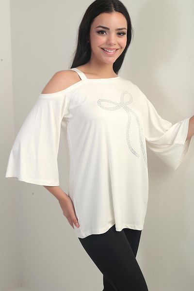 By Saygı Women's One Shoulder Bow Stone Printed Lycra Blouse