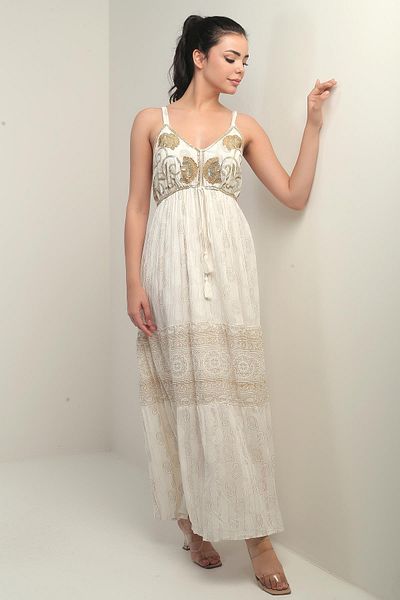 By Saygı Women's Thread Strap V Neck Back Gipeli Lined Glitter Embroidered Shawl Patterned Pocketed Flush Jacquard Dress