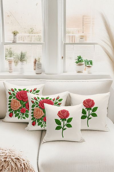 Bertille Home Set de 4 huse de pernă cu imprimare digitală dublă (aspect de broderie cu model de puncție)
