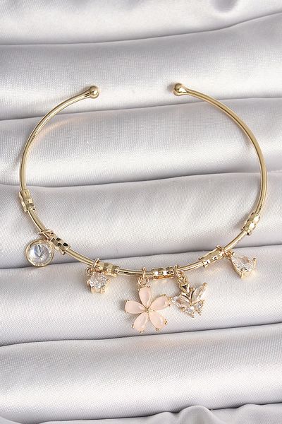 NETWORK ART Bfs Brass Gold Color Dangle Pink Enamel Flower Figure Zircon Stone Butterfly Detail Charm Women's Wrist