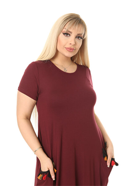 MELSAY Γυναικείο κοντομάνικο μπορντό φόρεμα με φούντα με λεπτομέρεια