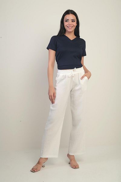 By Saygı Women's Muslin Palazzo Elastic Waist Pocket Trousers