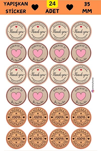 Emtory Home 24 Adet - Kraft Görünümlü Thank You & Handmade Sticker- Paketleme...