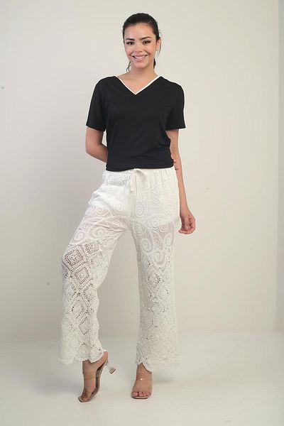 By Saygı Women's Elastic Waist Half Lined Wide Leg Embroidered Trousers