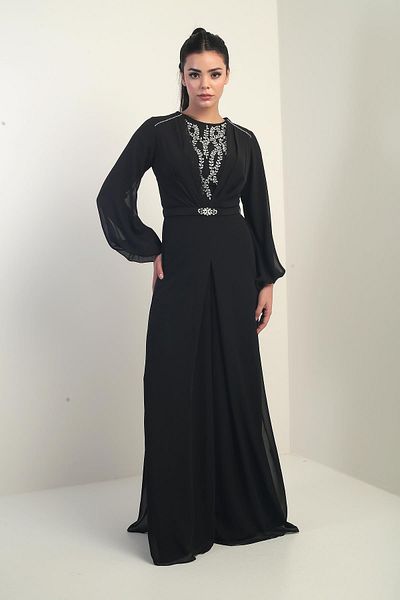By Saygı Women's Front Back Stone Detailed Lined Wide Leg Chiffon Jumpsuit