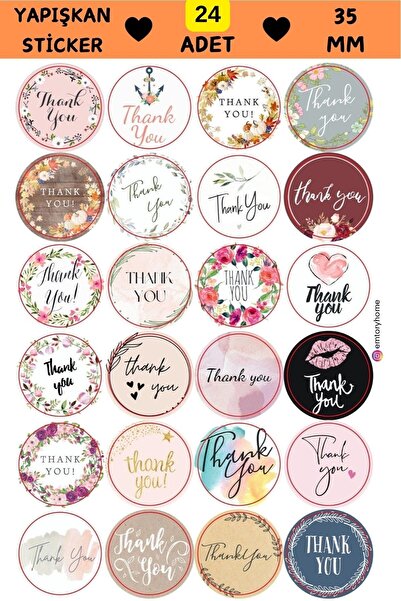 Emtory Home 24 Adet - 24 Çeşit Thank You Sticker - Teşekkür Sticker - Paketle...