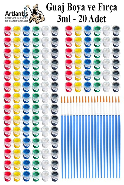 Artlantis Guaj Boya 3 ml 6 Renk ve Resim Fırçası 20 Paket Mini Küçük Guaj Boya Etkinlik Boyama Boyası Su Bazlı