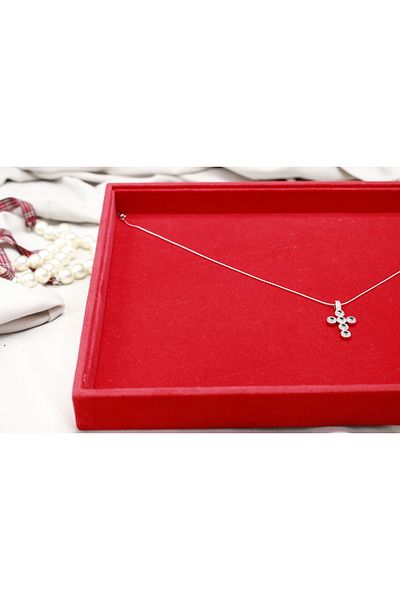 Brand. Silver-Tone Cross Necklace with Green & White Gemstones – Elegant Religious Jewelry