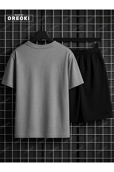 EFFRENATU Scary Wolf Printed Cotton Men's Gray T-Shirt-Black Shorts Set