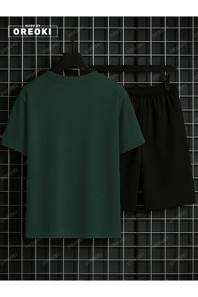 EFFRENATU Scary Wolf Printed Cotton Men's Green Forest T-Shirt-Black Shorts Set